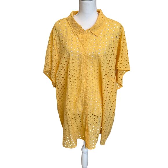 Torrid Blouse Shirt Coverup Size 5 5X Yellow Eyelet Button Up Collar Tunic Top - Picture 1 of 11